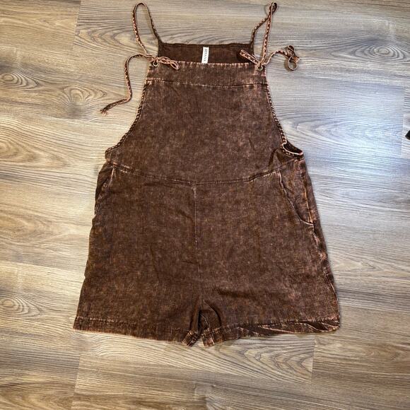 Zenana Pants - Washed Linen Knot Strap Romper Large Zenana Boho Cottagecore